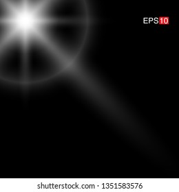 isolated white Rays with lens flare, Sun flare, flare on the black background. Transparent Vector Illustration