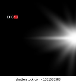 isolated white Rays with lens flare, Sun flare, flare on the black background. Transparent Vector Illustration