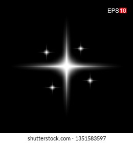 isolated white Rays with lens flare, Sun flare, flare on the black background. Transparent Vector Illustration