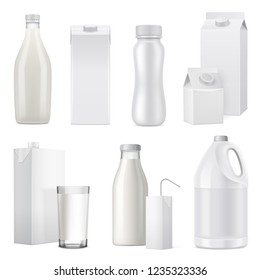 Isolated white realistic milk bottle package icon set from glass plastic and paper vector illustration