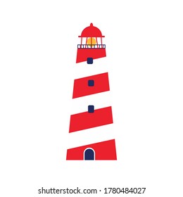 Isolated white and red vector of lighthouse. Minimalistic illustration of the beacon.