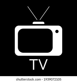 Isolated white retro TV icon with text on black background.