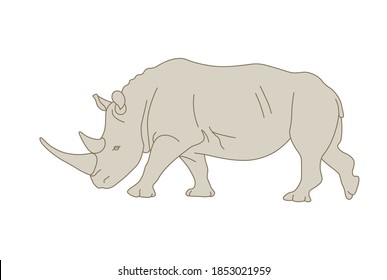 Isolated white rhinoceros in flat style on white background. Silhouette of a standing rhinoceros. Side view. Rare kind of rhinoceros that dies out. Simple icon or logo design. Vector illustration.