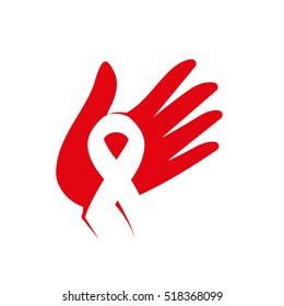 Isolated white ribbon in red human hand. Disease awareness. World Aids Day concept. Stop virus icon. International support campaign for sick people. Vector illustration