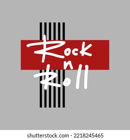 Isolated white Rock n Roll graffiti tag on a black and red cross on a gray background. Handwritten phrase for album cover, for design t-shirt, postcard, prints, stickers or social media. Vector