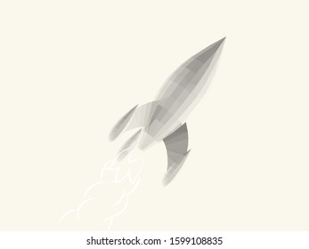 Isolated White Rocket on Light Background. Low Poly Vector 3D Rendering