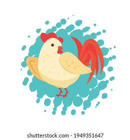 Isolated white rooster with red head. Colorful cock standing isolated on background. Poultry farming and livestock. Cartoon domestic bird character. Beautiful fowl cockerel. Vector illustration