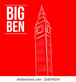 an isolated white sketch of the big ben on a red background