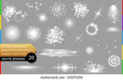 Isolated white sparks. Glow transparent vector light effect set, lens flare, explosion, glitter, spark, sun flash, and star burst. Abstract translucent special element design. Shine sparkling round