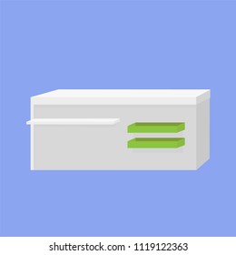 Isolated white store display table with green boxes for products. Supermarket furniture object for your design 