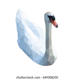 Isolated white swan composed of triangles on white background. Colored polygonal geometric hooper.