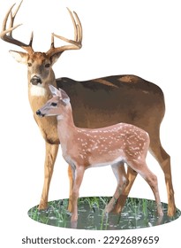 Isolated White Tailed Deer Buck with Antlers and Baby Fawn 