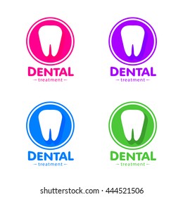Isolated white tooth vector logo set. Round shape. 