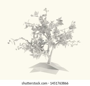 Isolated White Tree on Light Background. Low Poly Vector 3D Rendering