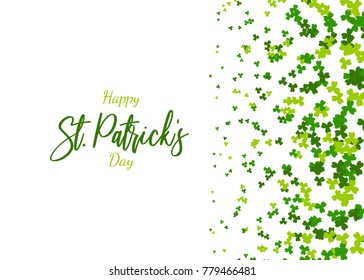 Isolated white vector illustration. Greeting happy St. Patricks day holiday. Green clover random size falling shimmer transparent background. Irish sign and symbol happy luck.