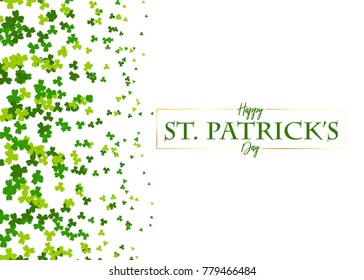 Isolated white vector illustration. Greeting happy St. Patricks day holiday. Green clover random size falling shimmer transparent background. Irish sign and symbol happy luck.