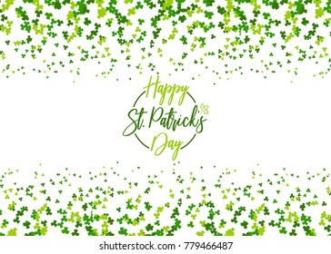 Isolated white vector illustration. Greeting happy St. Patricks day holiday. Green clover random size falling shimmer transparent background. Irish sign and symbol happy luck.