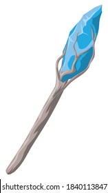La varita de mago blanco aislado hecha con madera mágica y un cristal azul especial para hechicería.