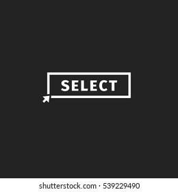Isolated white word select in frame on black background logo. Website element with cursor logotype. Choice button icon. Unusual stamp vector illustration