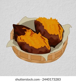 Isolated  whole and a half roasted yellow sweet potato in a bamboo basket on white background. Food ingredients vector illustration. Close up authentic Yaki Imo vector drawing. paper like vector