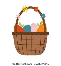 Isolated wicker basket with colored eggs and flowers for Happy Easter. Hand drawn design element with texture effect on white background. Flat vector illustration.