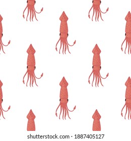 Isolated wilflife seamless pattern with underwater squid shapes. Red print on white background. Perfect for wallpaper, textile, wrapping paper, fabric print. Vector illustration.