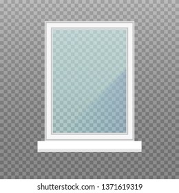 Isolated window frame. Frontstore window with blue glasses. Exterior building facade element on transparent background. Vector illustration.