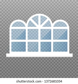 Isolated window frame. Frontstore window with blue glasses. Exterior building facade element on transparent background. Vector illustration.