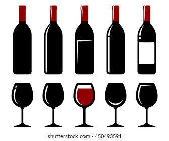 isolated wine bottle and glass icon set on white background