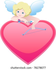 Isolated winged Cupid with bow and arrow, leaning on his heart. Cartoon love symbol, illustration for Valentine's Day.