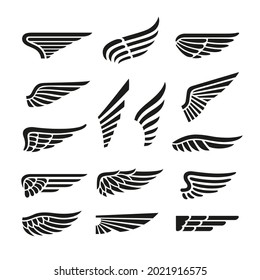 Isolated wings icons. Vintage wing, retro air elements. Isolated black abstract eagle, bird or plane parts, aviation or freedom tidy vector symbols