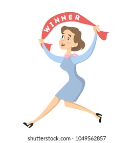 Isolated winner buisnesswoman with red banner running.
