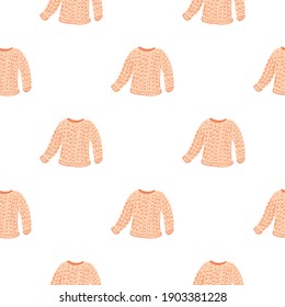 Isolated winter clothes seamless pattern with sweater pink ornament. White background. Vector illustration for seasonal textile prints, fabric, banners, backdrops and wallpapers.