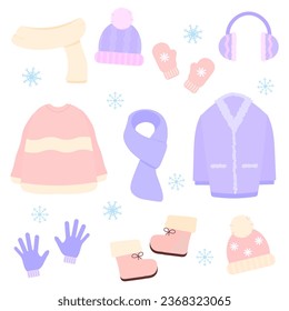 Isolated winter cute outfit set collections with scarf, mittens, gloves, hat, sweater, earmuffs. Warm seasonal clothes at wardrobe