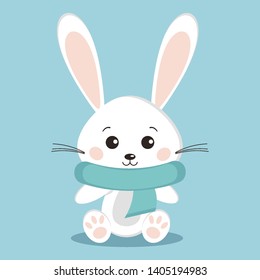 Isolated winter cute and sweet white bunny rabbit icon in sitting pose with blue warm cozy scarf on blue background in cartoon flat style. Vector children design character illustration. 