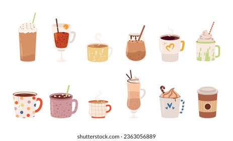 Isolated winter hot drinks. Chocolate latte and warm coffee with cinnamon sticks. Holidays drink in mug and cup. Cocoa and tea snugly vector clipart