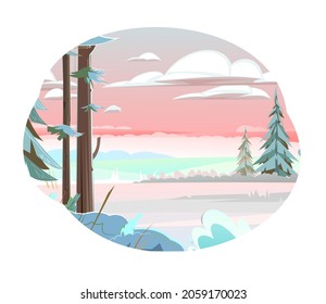 Isolated winter landscape. Coniferous trees in the snow. Beautiful evening or morning sky. Far horizon. Illustration in cartoon style flat design Isolated on white background. Vector.