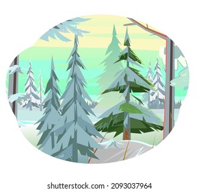 Isolated winter landscape. Coniferous trees in the snow. Beautiful frost weather. Far horizon. Illustration in cartoon style flat design Isolated on white background. Vector.