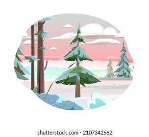 Isolated winter landscape. Coniferous trees in the snow. Beautiful evening or morning sky. Far horizon. Illustration in cartoon style flat design Isolated on white background. Vector.