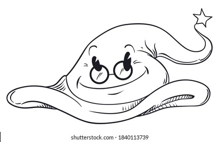 Isolated wise wizard hat wearing glasses, band and star in hand drawn style over white background.