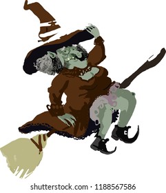 Isolated witch flying on a broomstick. For Helloween In Cartoon style