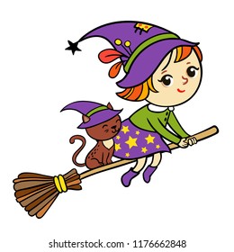  Isolated witch and her cat on a broomstick flying. 