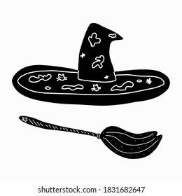 Isolated Witch s accessories hat and broom. vector illustration in cartoon style, isolated on a white background. For Halloween posters, children s books, postcards, costumes