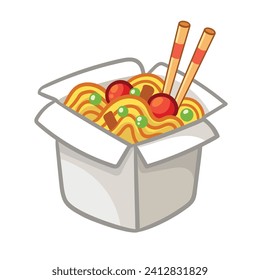 Fideos aislados de caja de trabajo sobre fondo blanco. Imagen vectorial: comida callejera asiática al estilo de las caricaturas. Quita el fideo de la caja.