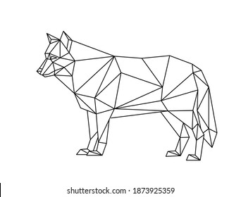 Isolated wolf in low poly style on white background. Polygonal illustration of an animal of prey composed of triangles. Geometric design for print on clothing or poster. Vector illustration.
