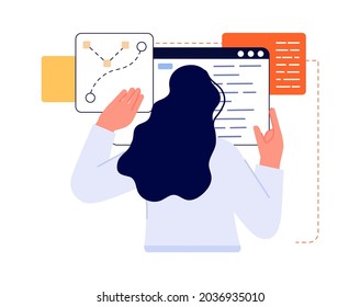 Isolated woman and abstract charts. Girl programming web site, developer character. Business vector concept