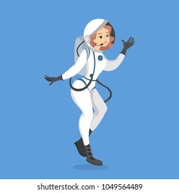 Isolated woman astronaut in costume on blue.