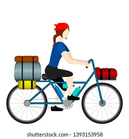Isolated woman bicycle tourist riding a bike - Vector