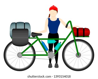 Isolated woman bicycle tourist standing next to her bike - Vector