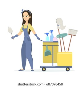 Isolated woman cleaner on white background. Woman with cart and cleaning equipment.